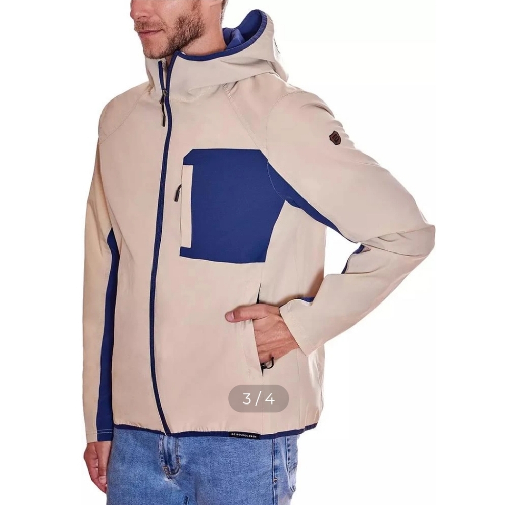 Be Boundless Men's Nylon Color Block Zip Beige and Blue Hooded Jacket